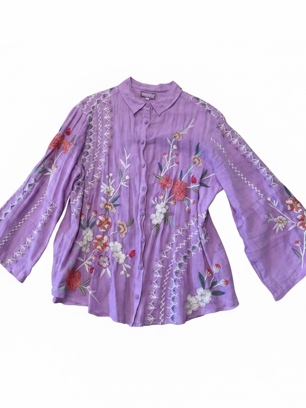 Johnny Was Lavender Floral Embroidered Button-Down Shirt